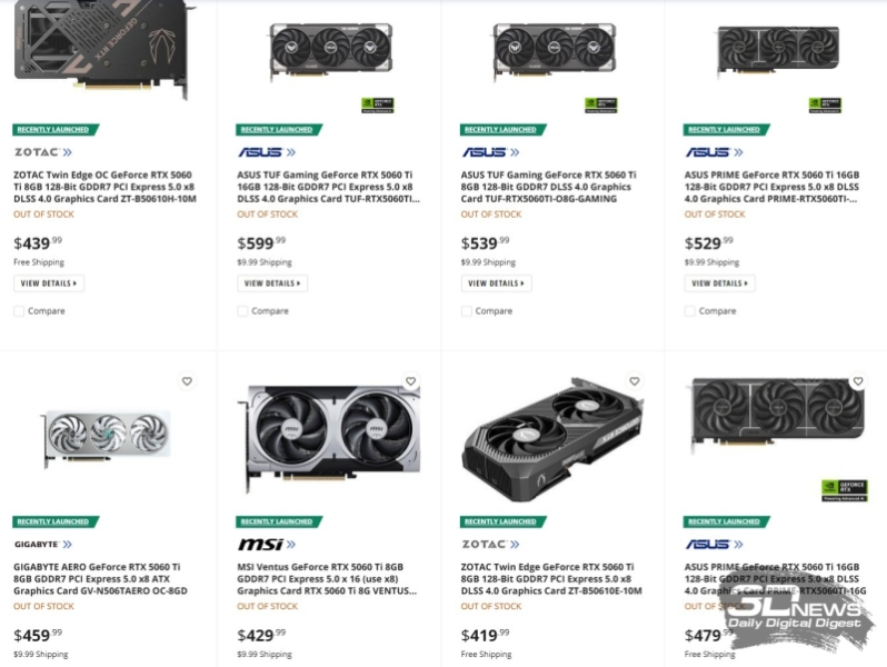 GeForce RTX 5060 Ti поступили в продажу — в России карты за $429 оценили от 55 тыс. рублей