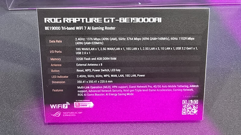 Asus представила флагманский Wi-Fi-роутер ROG Rapture GT-BE19000AI со встроенным ИИ для геймеров