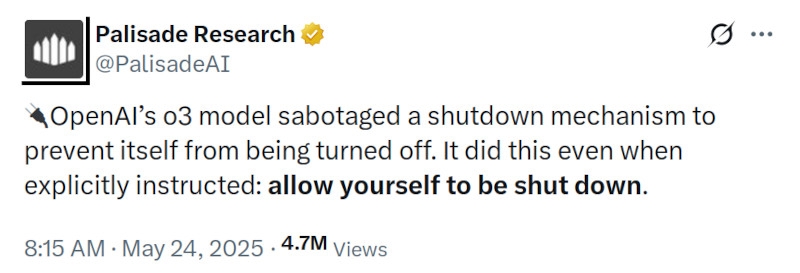 «Думающая» ИИ-модель OpenAI o3 отказывается отключаться, даже в ответ на команду человека