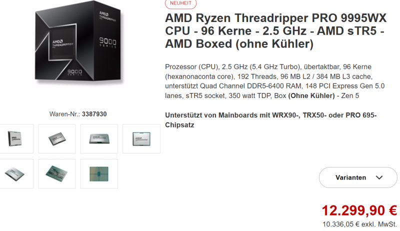 Мощнейший Ryzen Threadripper Pro 9995WX показался в магазинах по цене $12 800