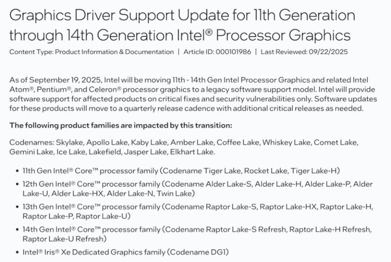 Intel признала устаревшей встроенную графику Tiger Lake, Rocket Lake, Alder Lake и Raptor Lake — драйверы будут выходить реже