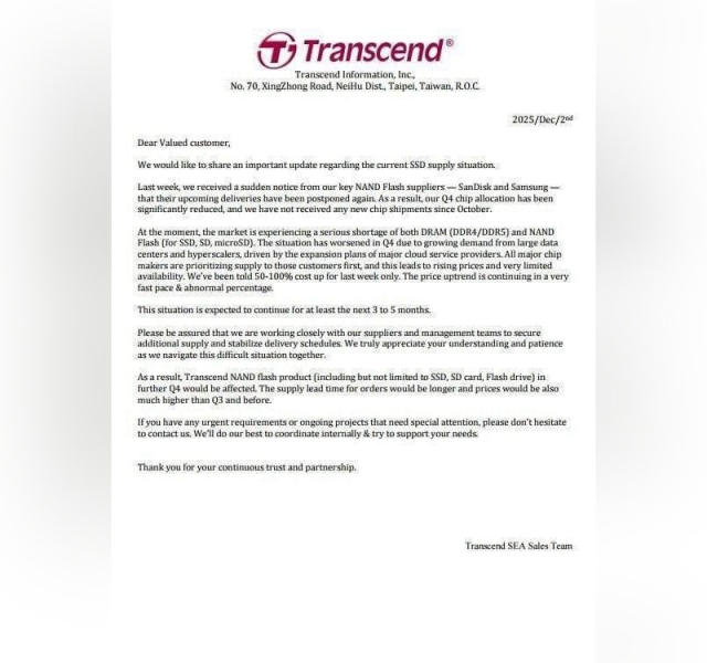 «Новых чипов не поступало с октября»: Transcend предупредила о сбоях поставок и подорожании SSD